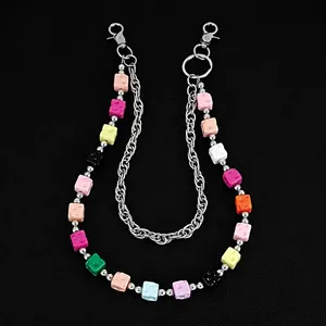 Double Layer Hip Hop Pants Chain For Men Women Colorful Cheese Square Dice Beads Alloy Metal Denim Jeans Waist Chain