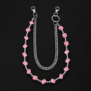 Detail of pink resin cube beads and silver metal cuban links on black leather