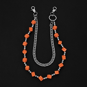 Double-layered punk pants chain with silver curb links and orange geometric cube beads