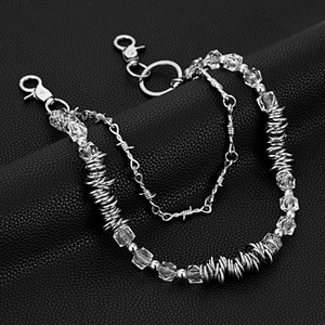 Punk style multi-layer pants chain with barbed wire links and crystal bead accents