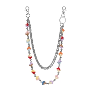 Detail of double-layer chain with colorful dice beads and silver lobster clasps
