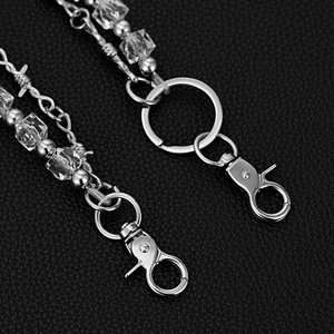 Double-layer silver metal trousers chain with punk spikes and transparent crystal beads