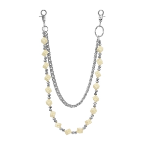 Detail of double-layer pant chain with silver metal links and resin cube charms