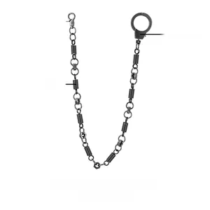Industrial style metal pants chain detail with hex nuts, spring coils, and snap hook clasp