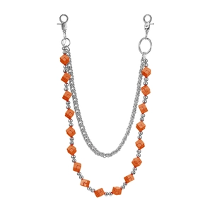 Double-layered streetwear trouser chain with silver metal links and orange dice beads
