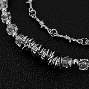 Double-layered silver punk trousers chain with spiked wire and crystal beads detail
