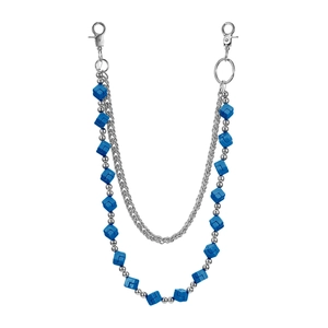 Detail of double-layer metal pant chain with blue geometric cube beads and lobster clasps