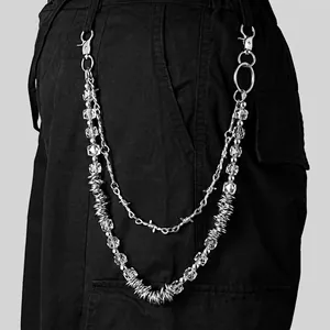 Silver Double Layer Barbed Wire Pant Chain Punk Hip Hop Metal Waist Chain With Transparent Acrylic Beads Gothic Trouser Accessory