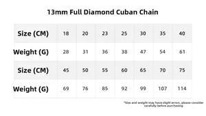 Size chart for 13mm iced out Cuban link chain showing lengths and weights