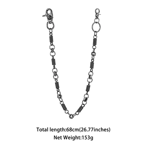 Detail of dark gray punk trousers chain with spring links and lobster clasps, 68cm long