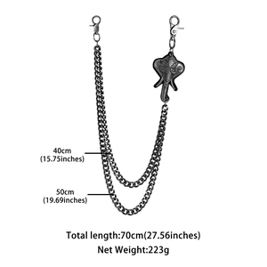 Detail of double-layer metal wallet chain with elephant charm and size specifications
