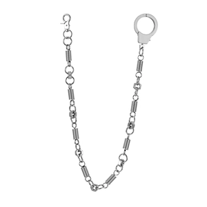 Industrial silver metal wallet chain with punk screw nuts and handcuff clasp on white background