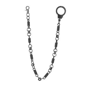 Industrial style gunmetal pants chain with handcuffs, nuts and spring elements on white