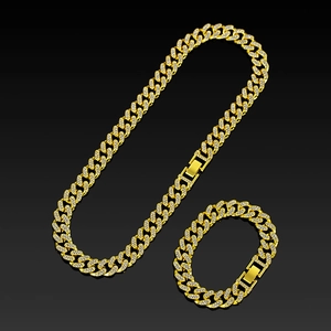 Iced out 13mm Cuban link necklace and bracelet set with premium gold plating and crystals