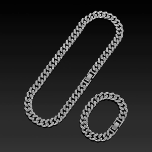 13mm iced out silver Cuban link chain and bracelet set with pavé-set rhinestones