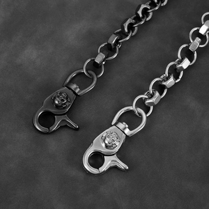 Industrial skull clasp nut chain for jeans in gun black and silver finish metals