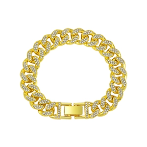 Detailed view of 13mm gold plated Cuban chain link bracelet with sparkling rhinestones
