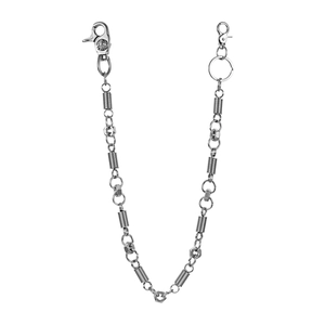 Industrial style silver pants chain with spring coils and hexagonal nuts on white background