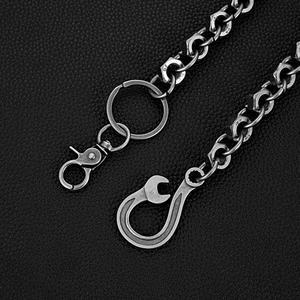 Industrial punk metal trousers chain with wrench clasp and hex nut links on leather