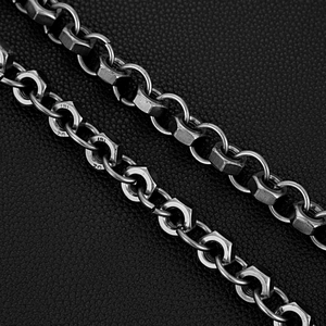 Industrial style metal trousers chain with engraved nut links on black leather