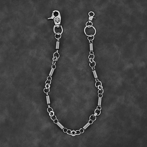 Industrial style metal trousers chain with hexagonal nuts and spring links on dark leather