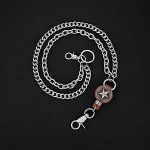 Double layered hip-hop pant chain with silver stars and brown leather accents