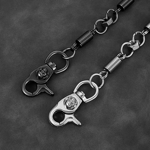 Punk style hip-hop trouser chains in silver and gun black with skull embossed lobster clasps