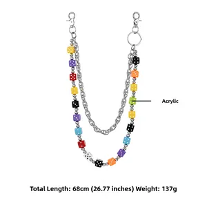 Detail view of a 68cm multi-layer metal pants chain with colorful acrylic dice charms