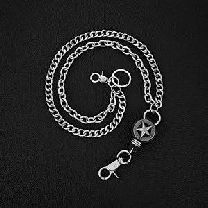 Double star metal trousers chain with chunky layers and engraved hip-hop medallion