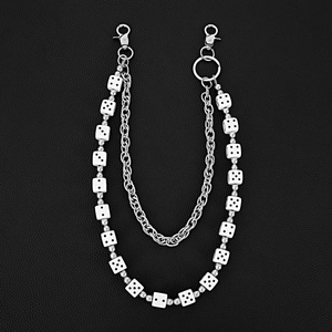 Double-layered street style pants chain with white acrylic dice and silver metal links