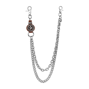 Detail of silver double-layered hip-hop pant chain with pentagram leather patch