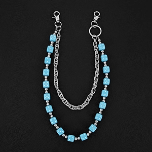 Detail of double-layer waist chain with sky blue dice beads and silver metal links