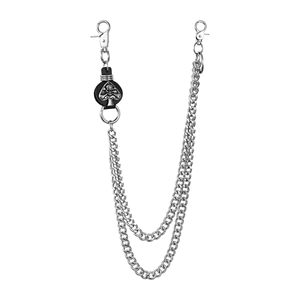 Chaîne de pantalon punk double rangée avec pendentif tête de mort et mousquetons métalliques