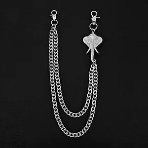 Hip Hop Punk Double Layer Alloy Metal Thick Pant Chain With Carved Elephant Pendant Vintage Distressed Waist Chain For Women Men