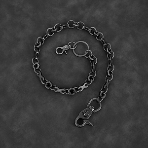 Industrial biker style wallet chain with skull embossed lobster clasps and nut links