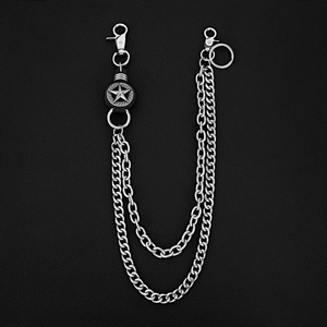 Detailed macro view of silver double-layered hip-hop pant chain with star emblem