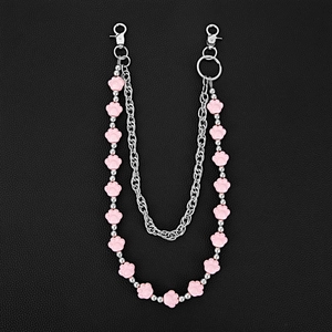 Pink cat paw double-layer pant chain with silver metal links and lobster clasps
