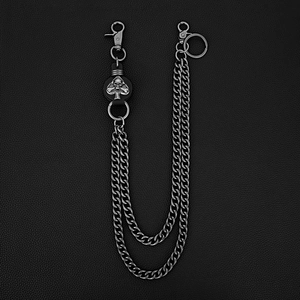 Chaîne de pantalon punk double couche avec pendentif tête de mort sur cuir noir