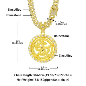 Détails des dimensions du pendentif dollar 9x6.3cm avec incrustation de strass