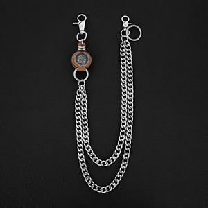 Chaîne de portefeuille double en argent style punk avec cuir marron et médaille gravée