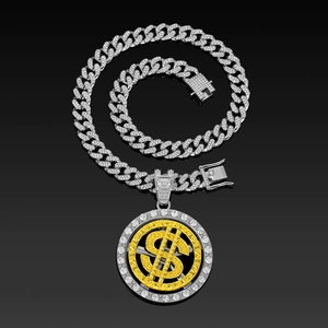 Collier Miami Cuban Link glacé avec pendentif signe dollar doré rotatif en argent