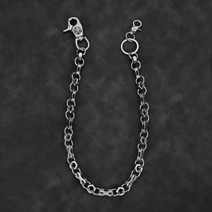 Punk biker wallet chain with skull clasp and industrial nut link design on leather