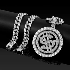 Parure de bijoux hip hop argentée avec pendentif dollar et chaînes cubaines miami