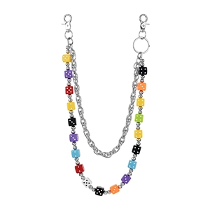 Double-layer silver chain belt with vibrant colorful dice charms and lobster clasps