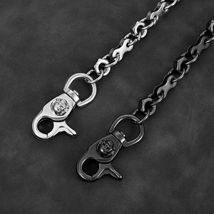 Detail of industrial skull wallet chains with nuts and bicycle links on leather