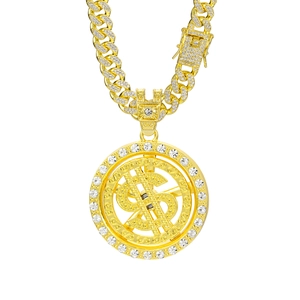 Collier hip hop doré avec grand pendentif signe dollar rotatif de 63 mm et chaîne cubaine