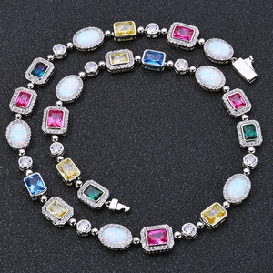 Hip Hop Multi-Color Gemstone Necklace Luxury Copper Zirconia Chain Oval Rectangular Plated Jewelry For Women Men