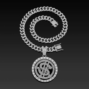 Collier chaîne cubaine glacée avec pendentif dollar rotatif de 63 mm en finition argent