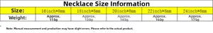Size chart for 8mm Cuban link necklace with lengths from 16 to 24 inches and weight details