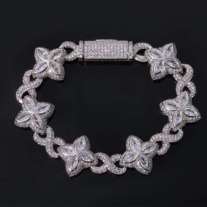 Detail shot of shimmering marquise cubic zirconia clover links and secure box clasp